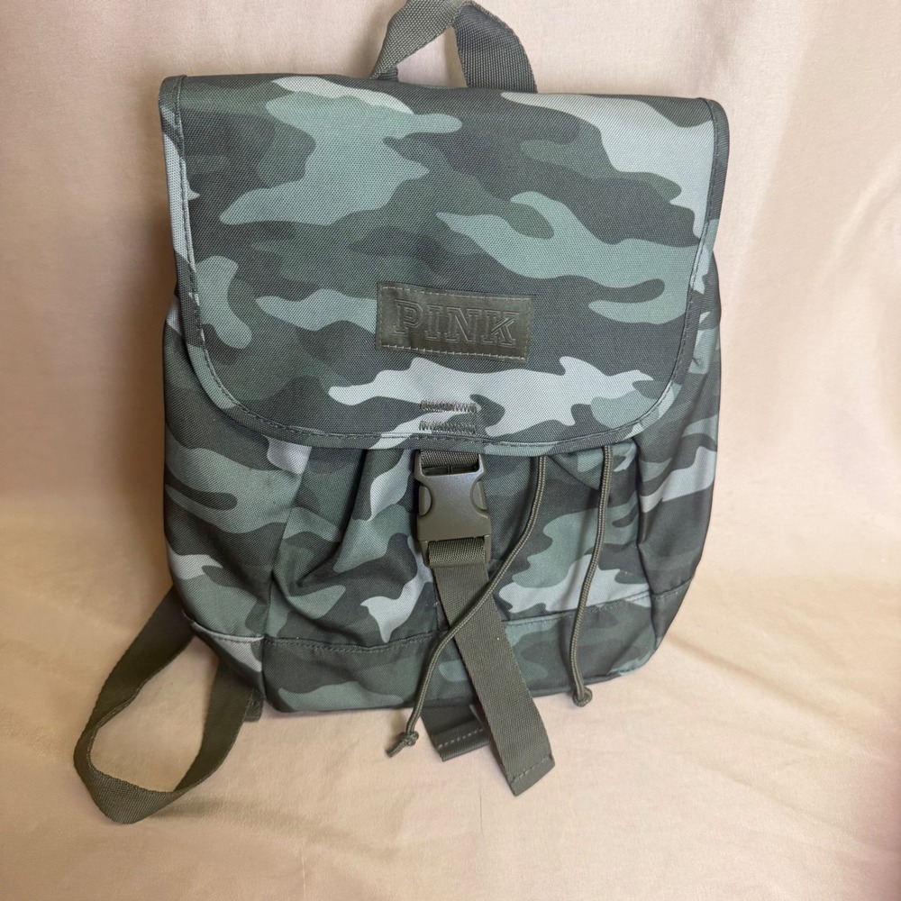 Victoria's Secret PINK Mini Backpack Green Camo Canvas Drawstring Buckle Bag